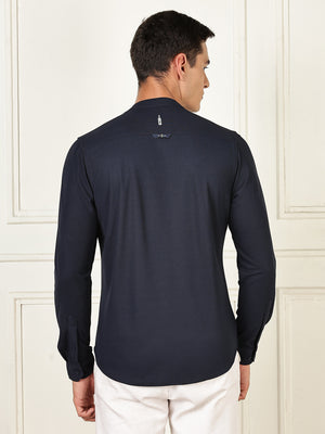 Thomas Scott Men Navy Premium Slim Fit Long Sleeves Mandarin Collar 4 Way Stretch CoolMax Knitted Shirt