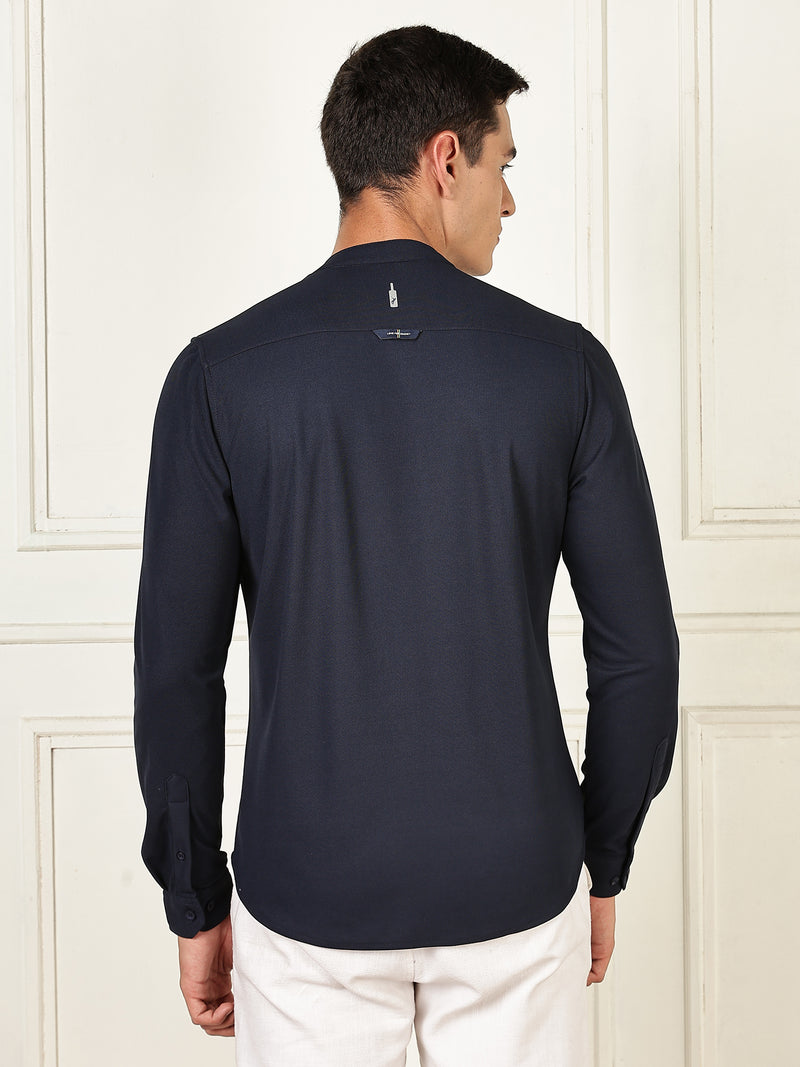 Thomas Scott Men Navy Premium Slim Fit Long Sleeves Mandarin Collar 4 Way Stretch CoolMax Knitted Shirt