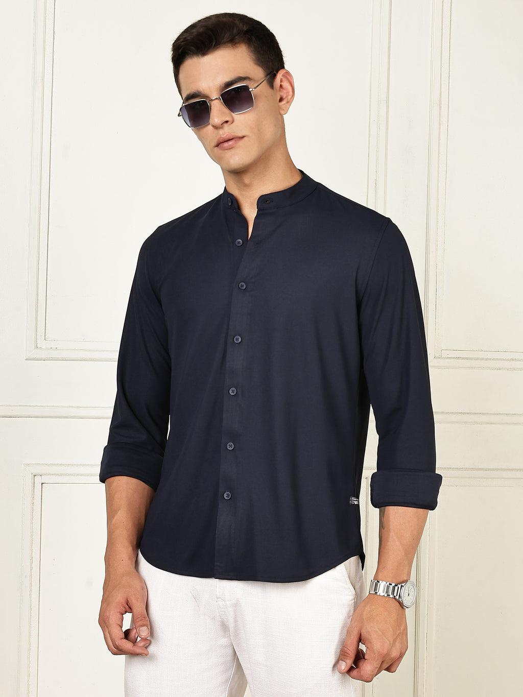 Thomas Scott Men Navy Premium Slim Fit Long Sleeves Mandarin Collar 4 Way Stretch CoolMax Knitted Shirt