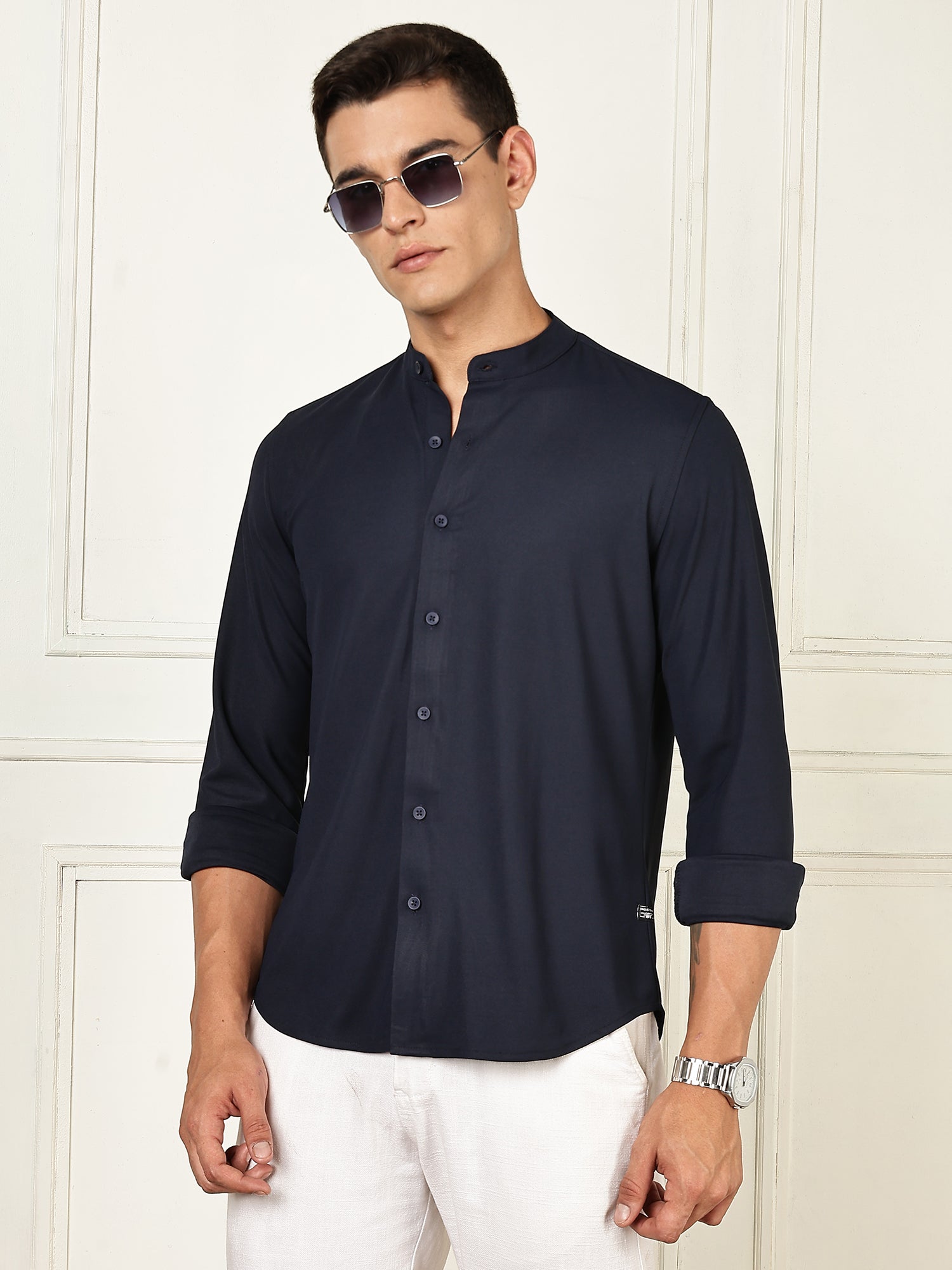 Thomas Scott Men Navy Premium Slim Fit Long Sleeves Mandarin Collar 4 Way Stretch CoolMax Knitted Shirt