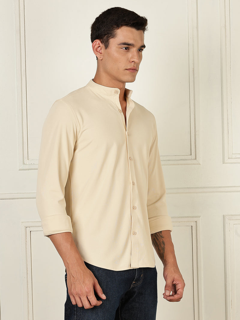 Thomas Scott Men Beige Premium Slim Fit Long Sleeves Mandarin Collar 4 Way Stretch CoolMax Knitted Shirt