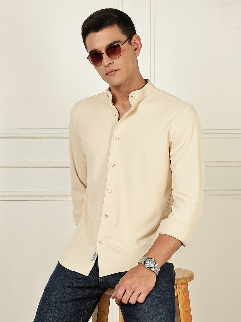 Thomas Scott Men Beige Premium Slim Fit Long Sleeves Mandarin Collar 4 Way Stretch CoolMax Knitted Shirt