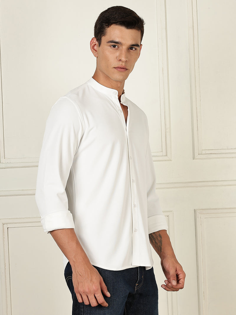 Thomas Scott Men White Premium Slim Fit Long Sleeves Mandarin Collar 4 Way Stretch CoolMax Knitted Shirt