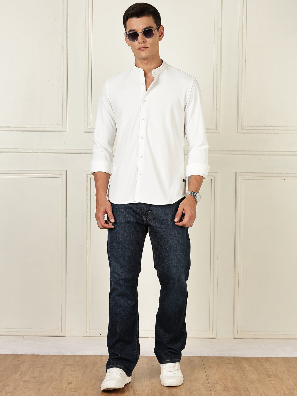 Thomas Scott Men White Premium Slim Fit Long Sleeves Mandarin Collar 4 Way Stretch CoolMax Knitted Shirt