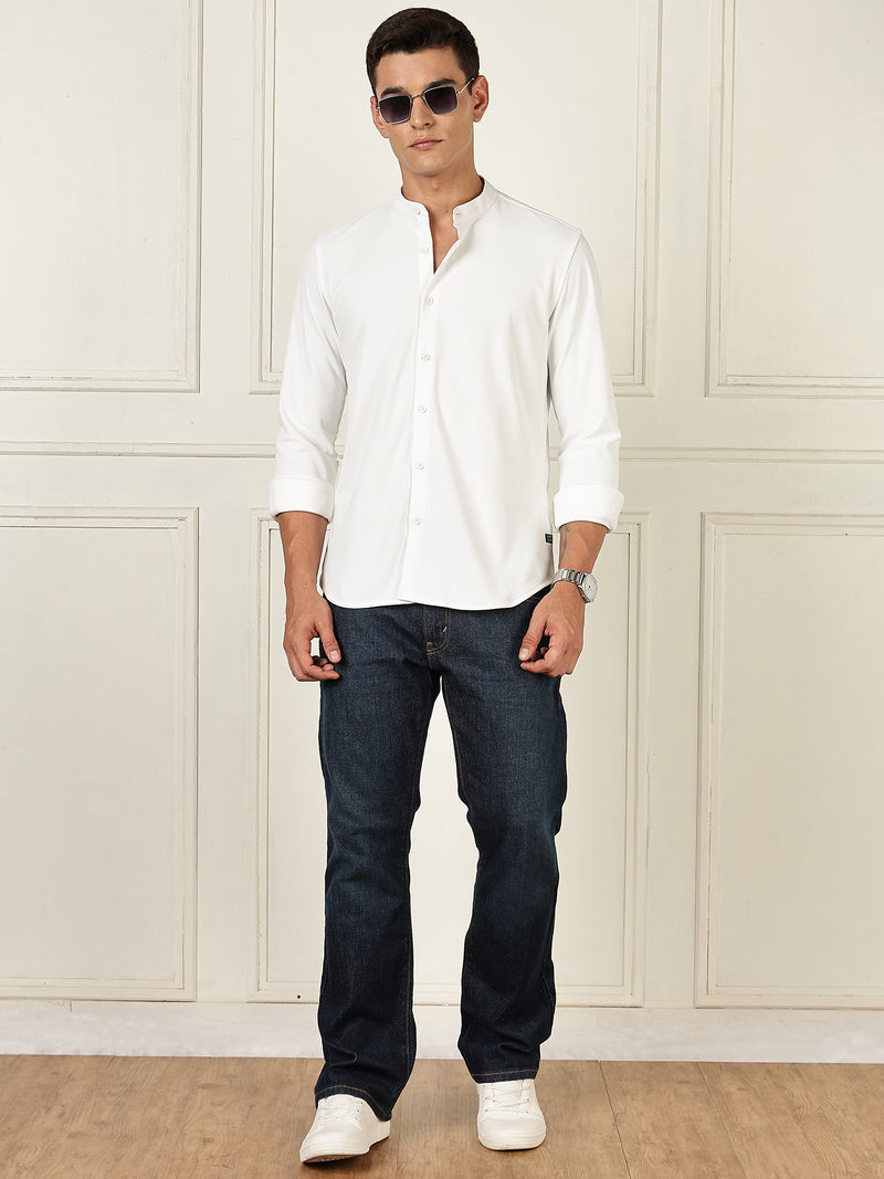 Thomas Scott Men White Premium Slim Fit Long Sleeves Mandarin Collar 4 Way Stretch CoolMax Knitted Shirt