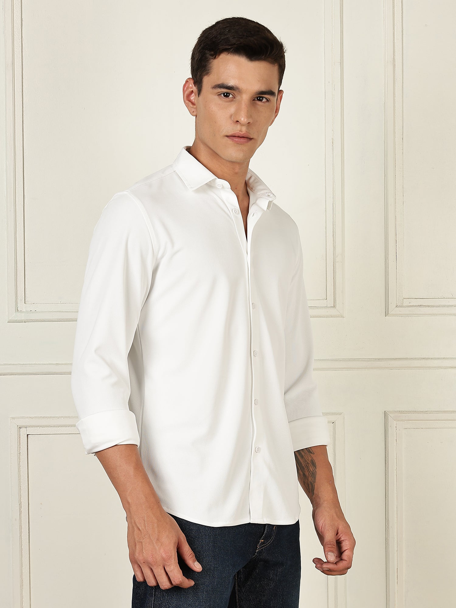 Thomas Scott Men White Premium Slim Fit Long Sleeves 4 Way Stretch CoolMax Knitted Casual Shirt