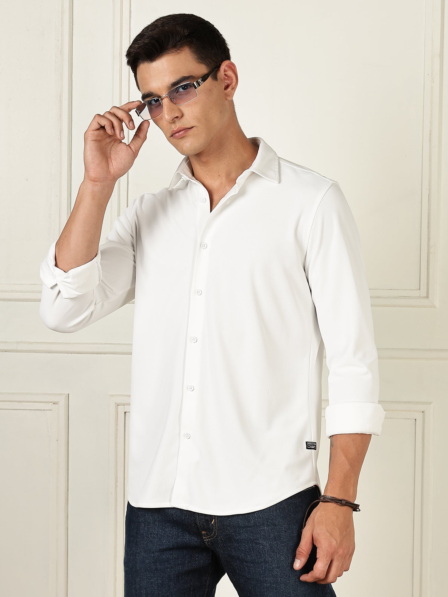Thomas Scott Men White Premium Slim Fit Long Sleeves 4 Way Stretch CoolMax Knitted Casual Shirt