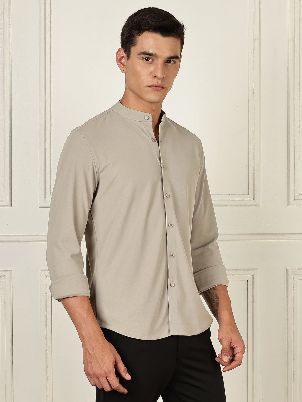 Thomas Scott Men Grey Premium Slim Fit Long Sleeves Mandarin Collar 4 Way Stretch CoolMax Knitted Shirt