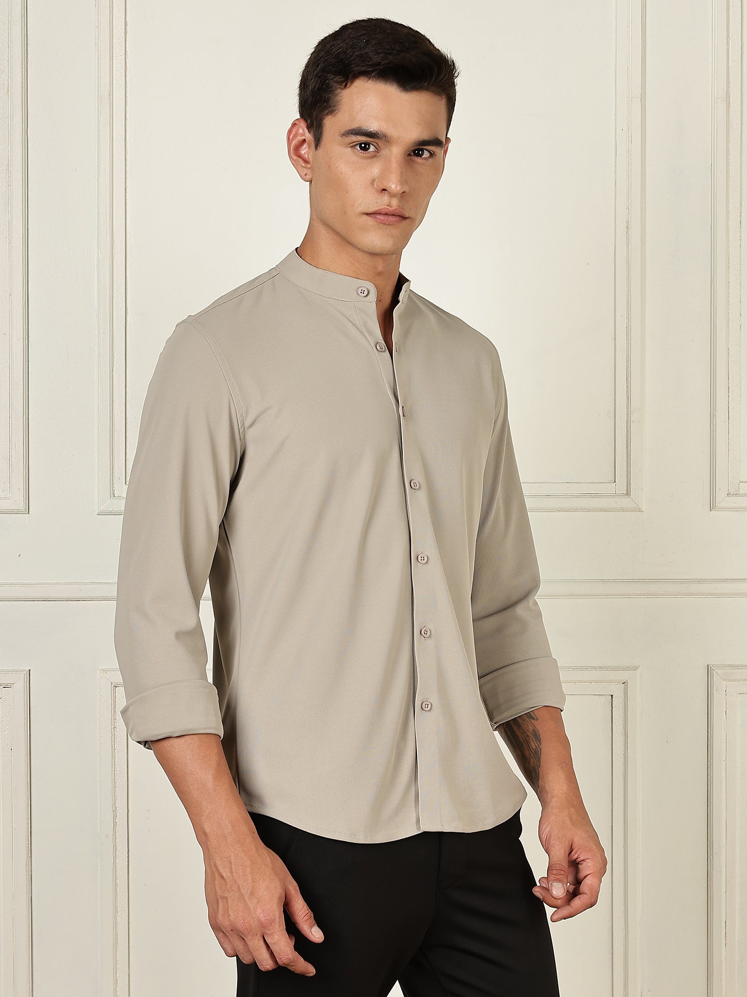 Thomas Scott Men Grey Premium Slim Fit Long Sleeves Mandarin Collar 4 Way Stretch CoolMax Knitted Shirt