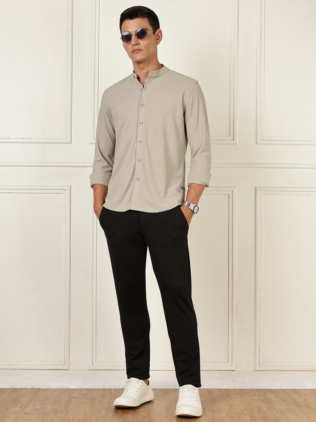 Thomas Scott Men Grey Premium Slim Fit Long Sleeves Mandarin Collar 4 Way Stretch CoolMax Knitted Shirt