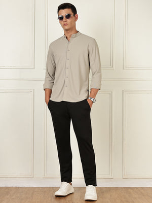 Thomas Scott Men Grey Premium Slim Fit Long Sleeves Mandarin Collar 4 Way Stretch CoolMax Knitted Shirt