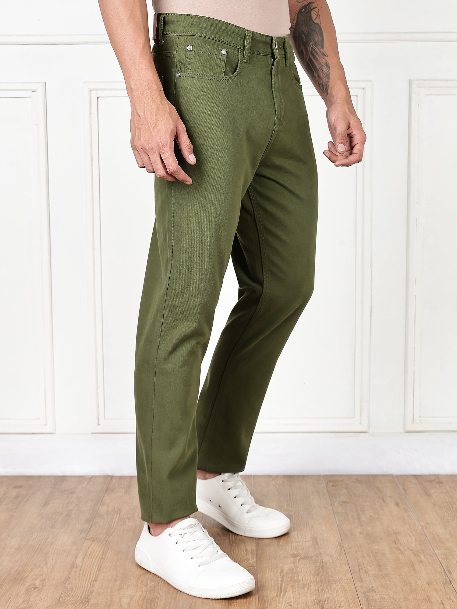 Thomas Scott Men Dark Olive Mid-Rise Slim Fit Cotton Non Stretchable Jeans