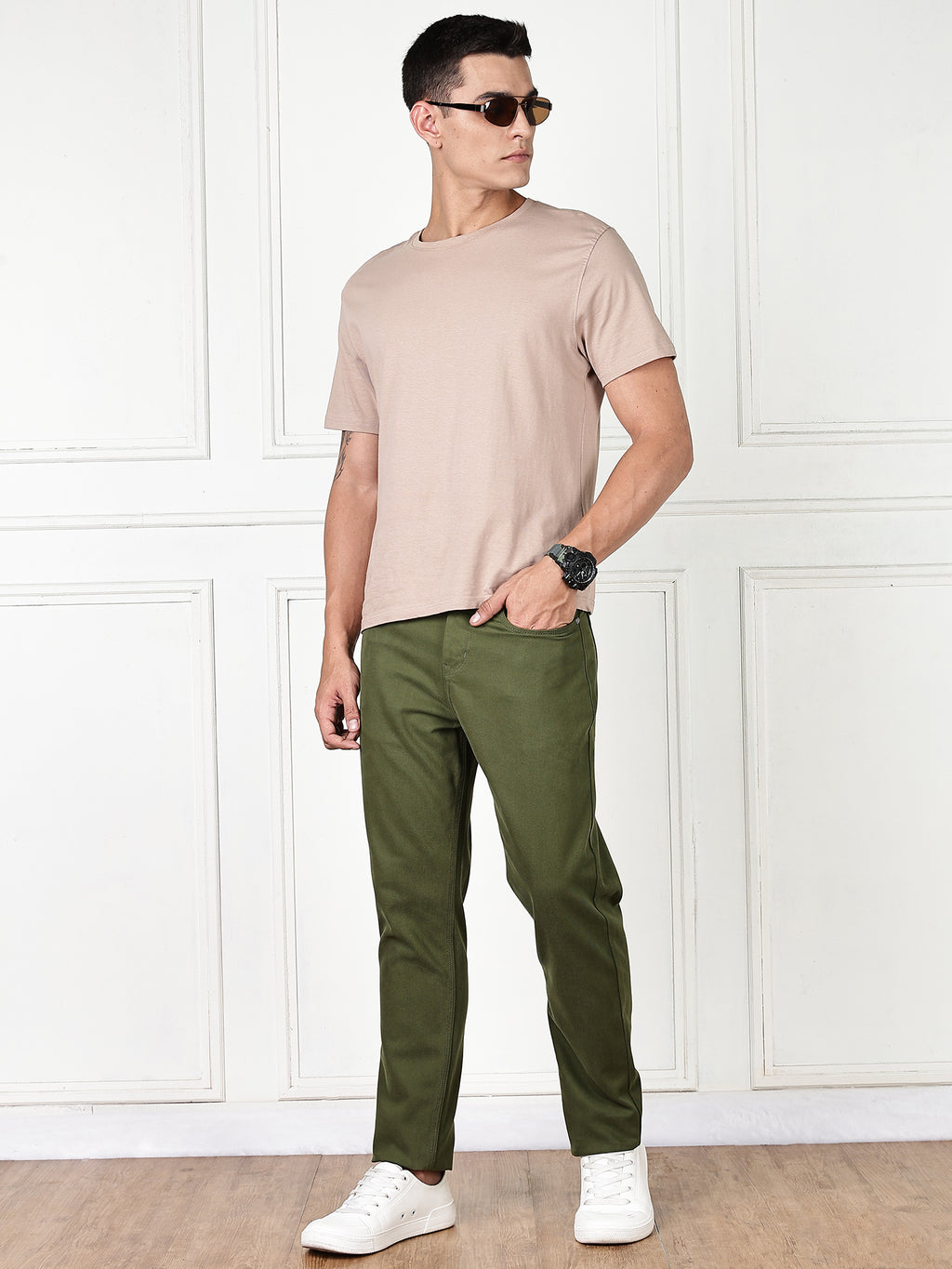 Thomas Scott Men Dark Olive Mid-Rise Slim Fit Cotton Non Stretchable Jeans