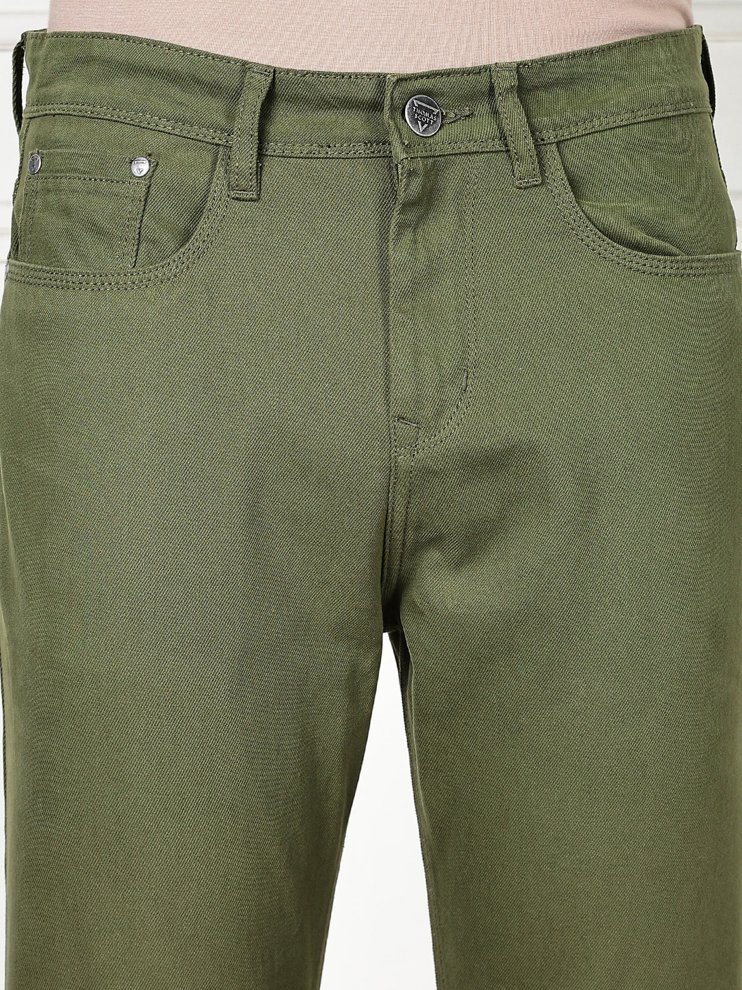 Thomas Scott Men Dark Olive Mid-Rise Slim Fit Cotton Non Stretchable Jeans