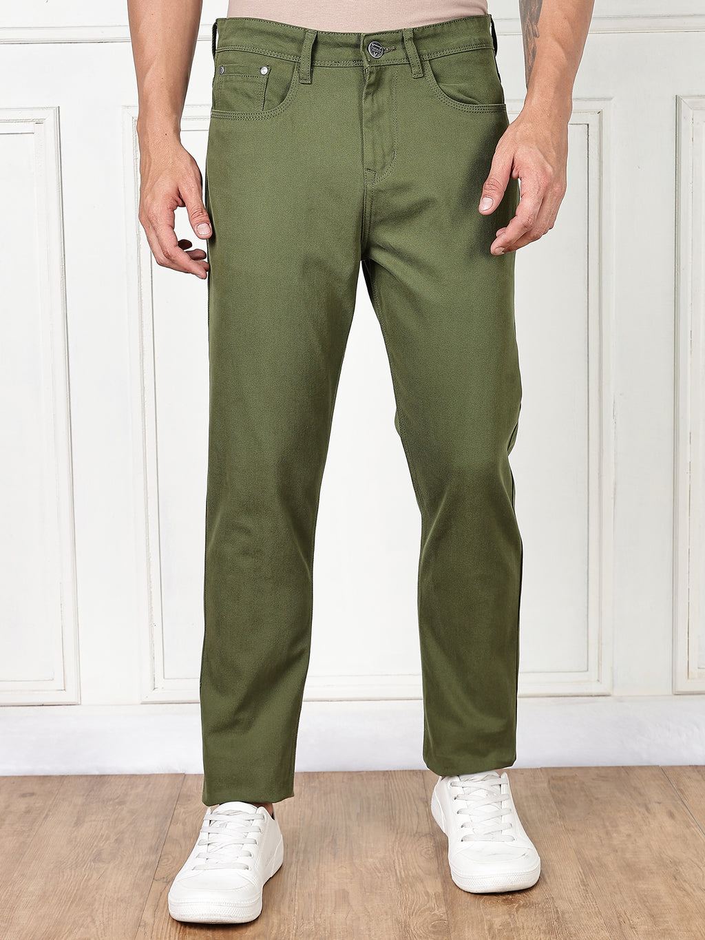 Thomas Scott Men Dark Olive Mid-Rise Slim Fit Cotton Non Stretchable Jeans