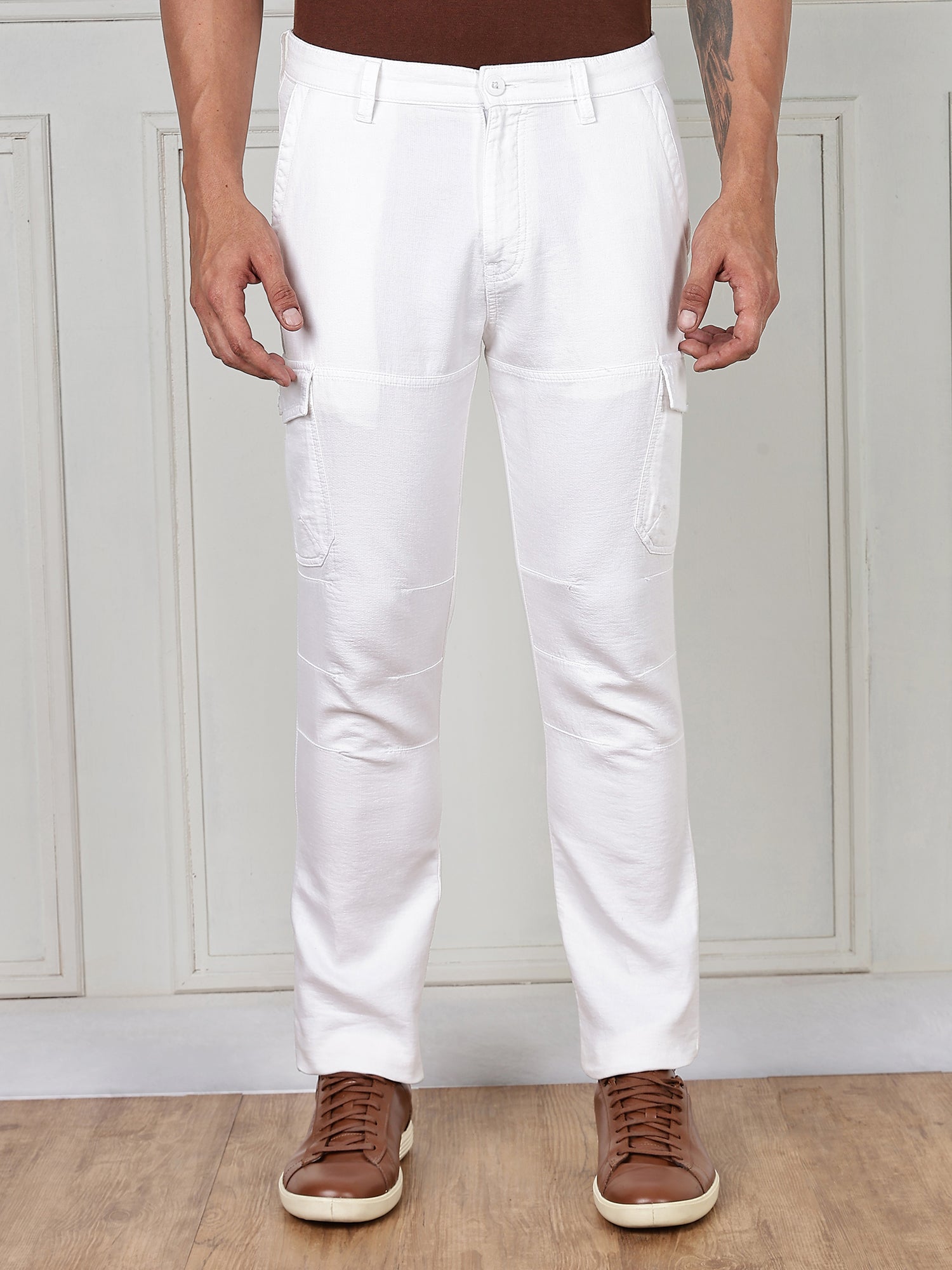 Thomas Scott Men White Cricket Club Collection Straight Fit Woven Cargo Trousers