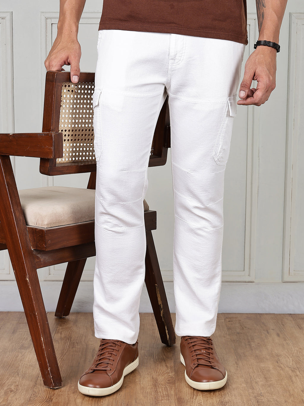 Thomas Scott Men White Cricket Club Collection Straight Fit Woven Cargo Trousers