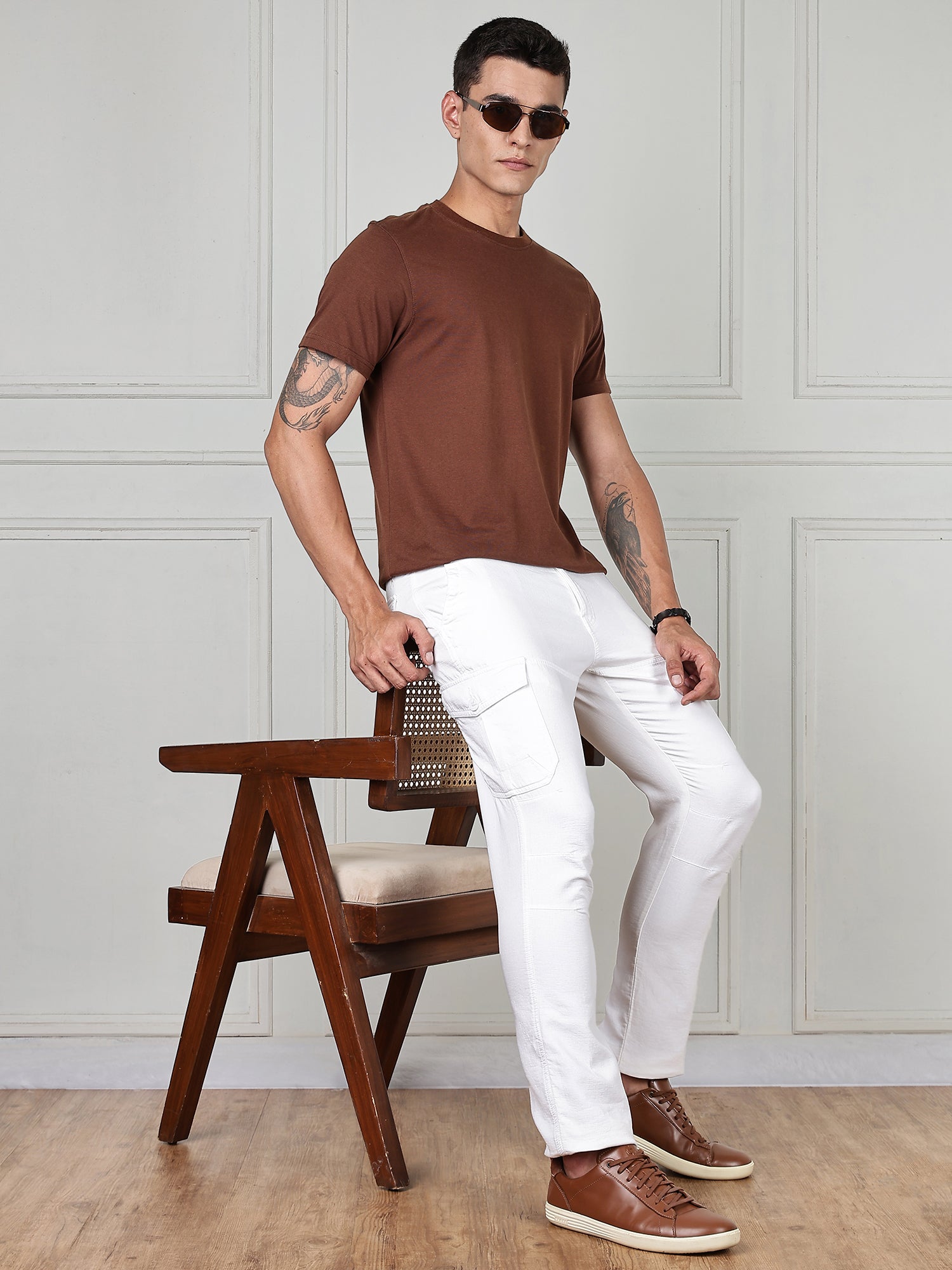 Thomas Scott Men White Cricket Club Collection Straight Fit Woven Cargo Trousers