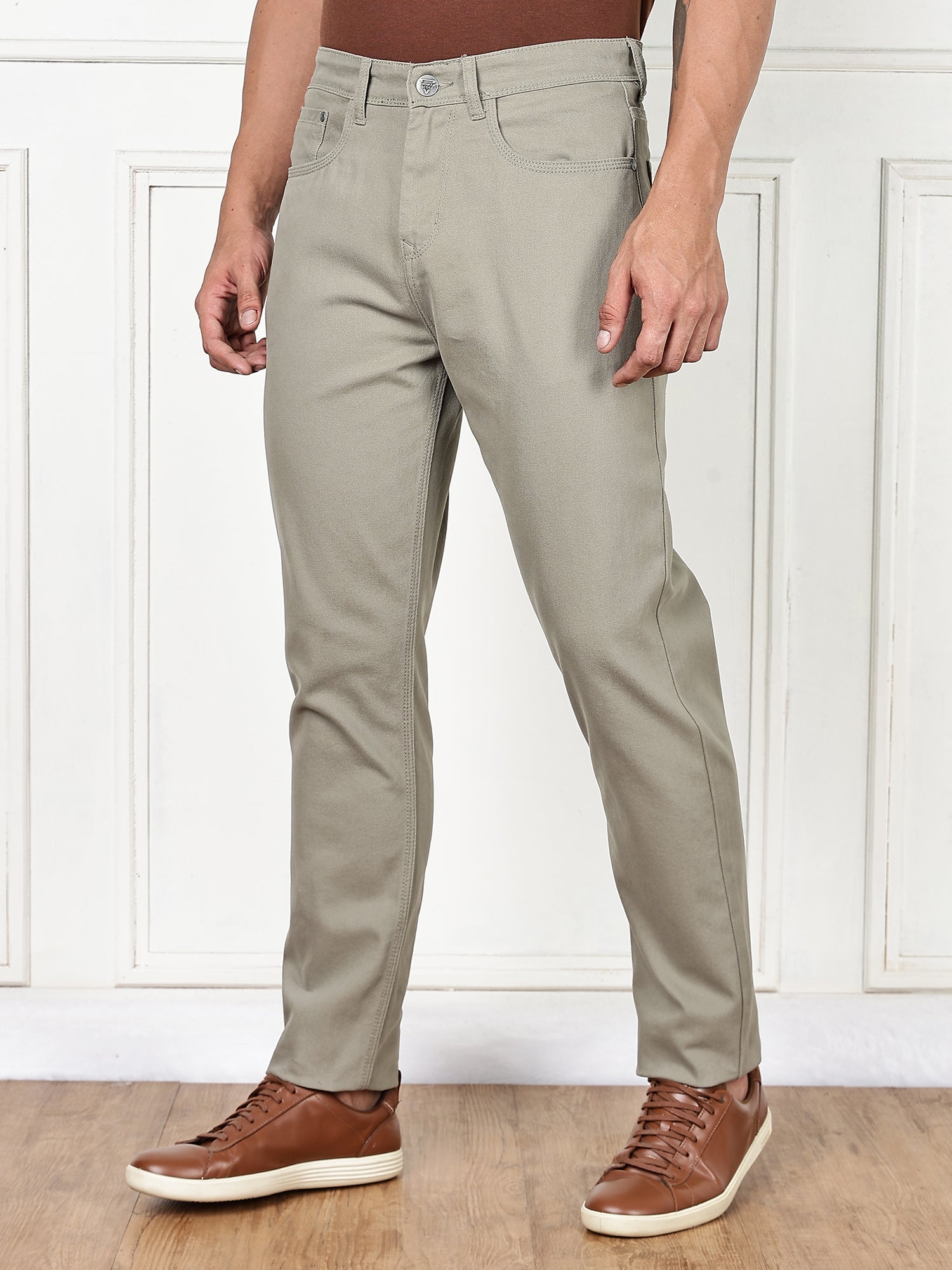 Thomas Scott Men Light Olive Mid-Rise Slim Fit Cotton Non Stretchable Jeans