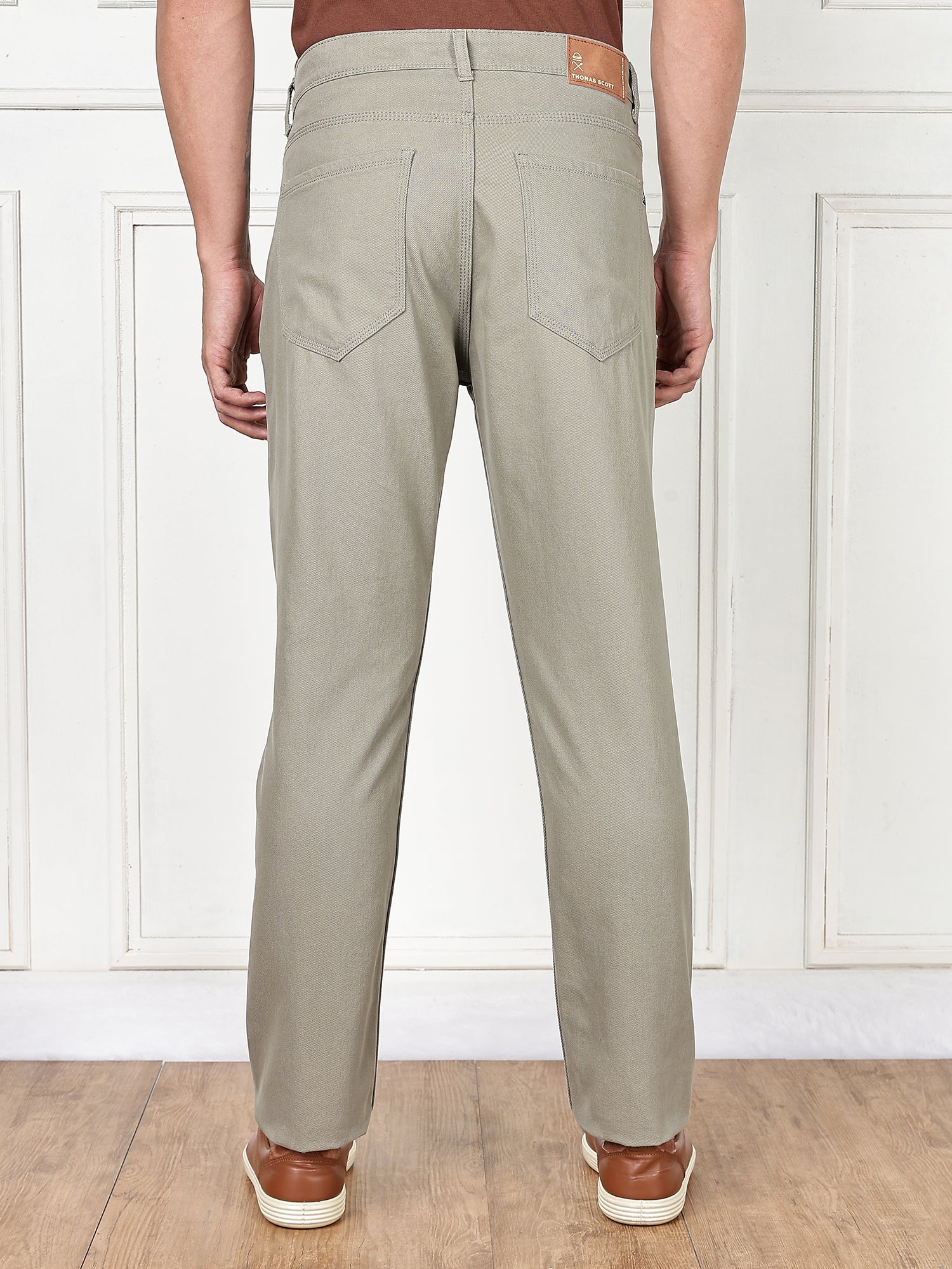 Thomas Scott Men Light Olive Mid-Rise Slim Fit Cotton Non Stretchable Jeans