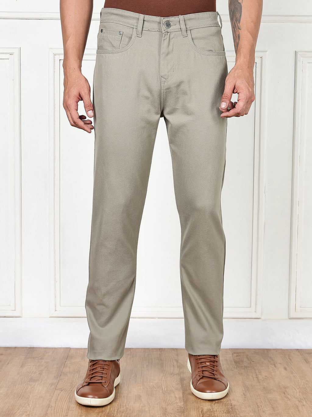 Thomas Scott Men Light Olive Mid-Rise Slim Fit Cotton Non Stretchable Jeans