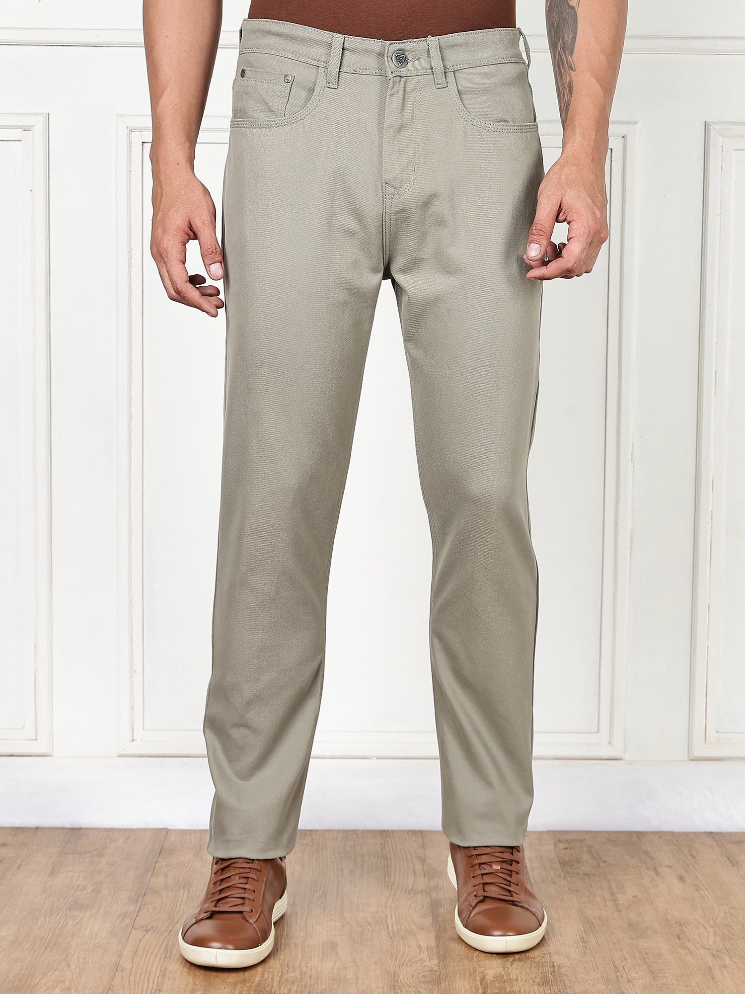 Thomas Scott Men Light Olive Mid-Rise Slim Fit Cotton Non Stretchable Jeans