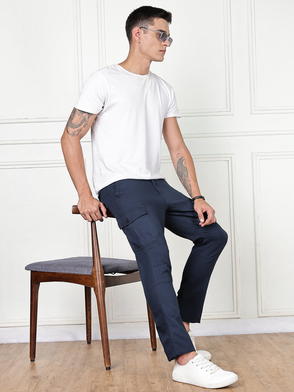 Thomas Scott Men Navy Cricket Club Collection Straight Fit Woven Cargo Trousers