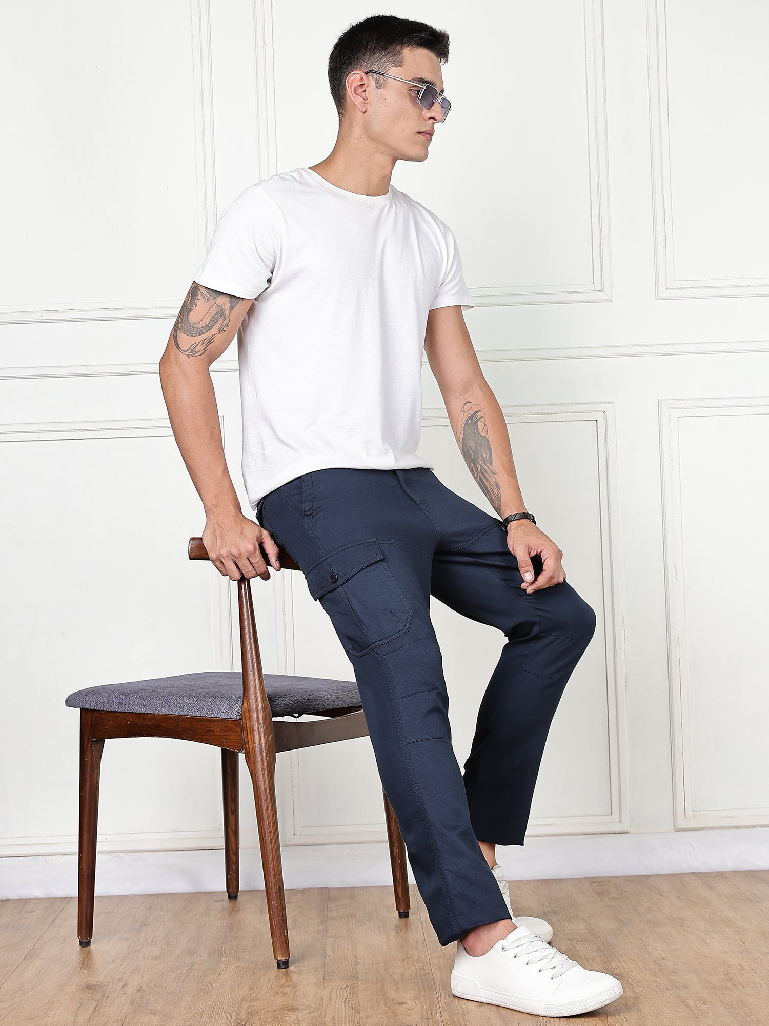 Thomas Scott Men Navy Cricket Club Collection Straight Fit Woven Cargo Trousers
