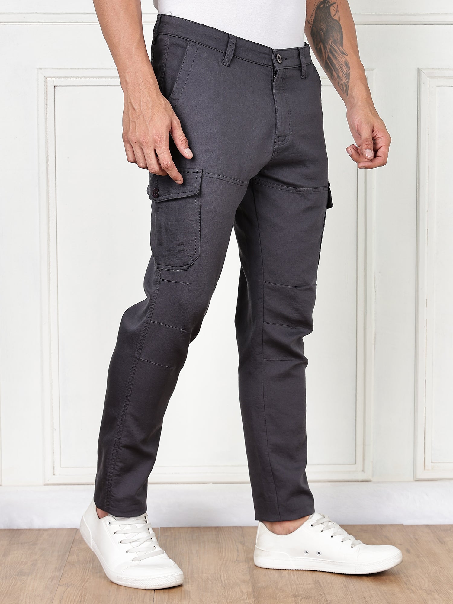 Thomas Scott Men DarkGrey Cricket Club Collection Straight Fit Woven Cargo Trousers