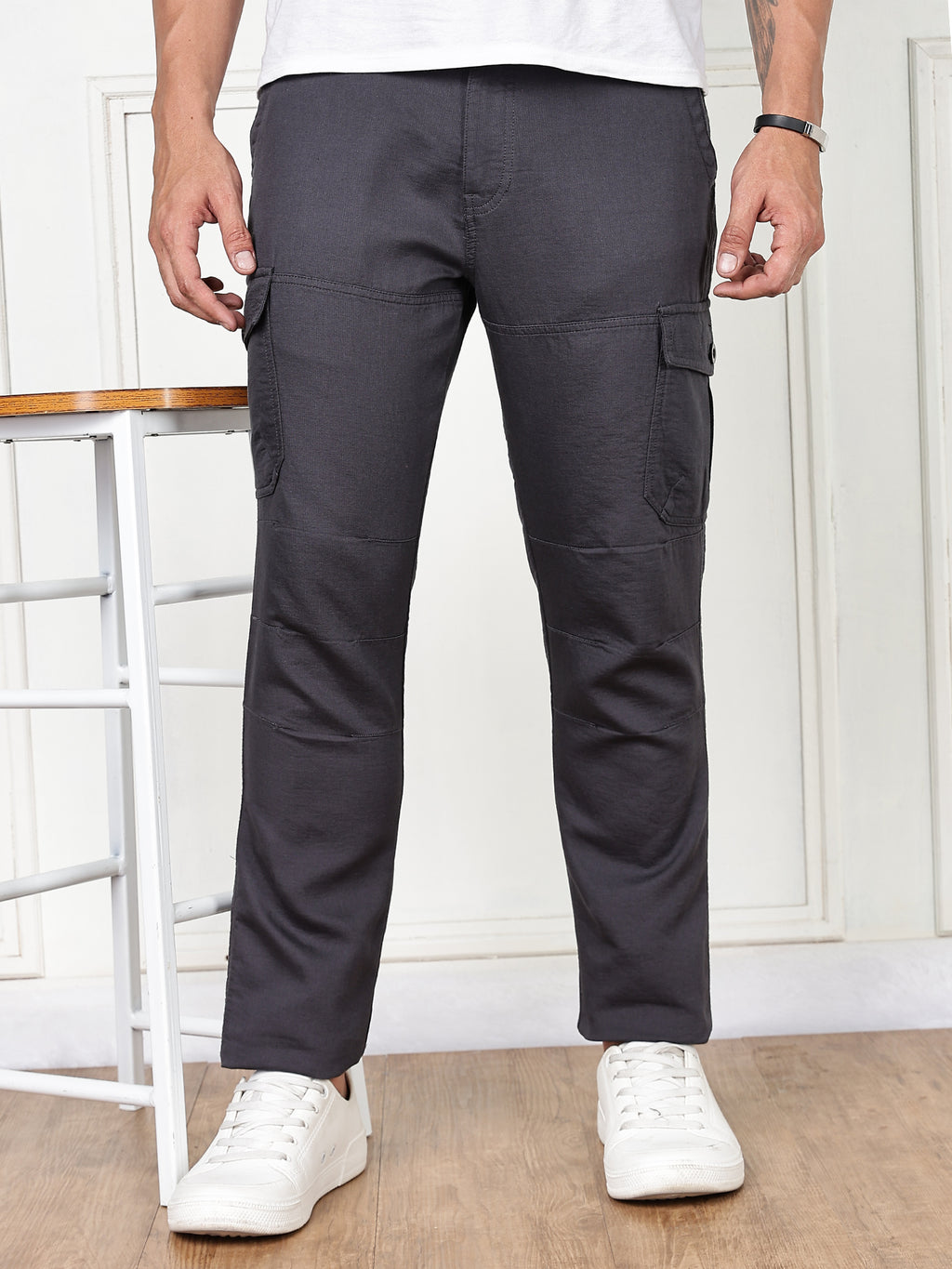 Thomas Scott Men DarkGrey Cricket Club Collection Straight Fit Woven Cargo Trousers