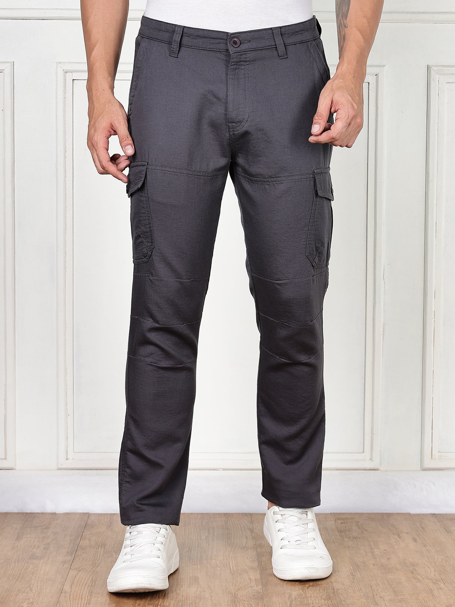 Thomas Scott Men DarkGrey Cricket Club Collection Straight Fit Woven Cargo Trousers