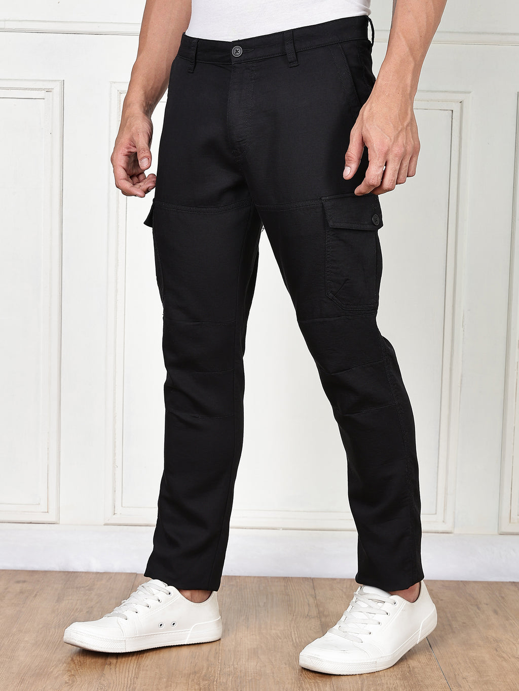 Thomas Scott Men Black Cricket Club Collection Straight Fit Woven Cargo Trousers