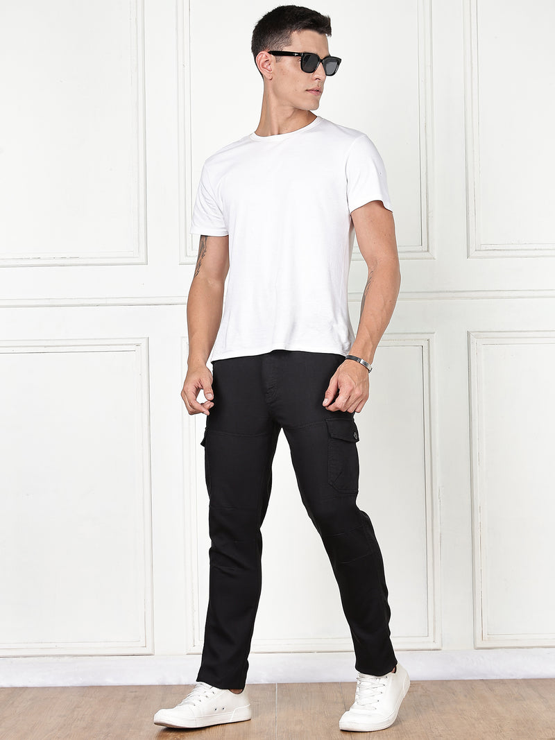 Thomas Scott Men Black Cricket Club Collection Straight Fit Woven Cargo Trousers
