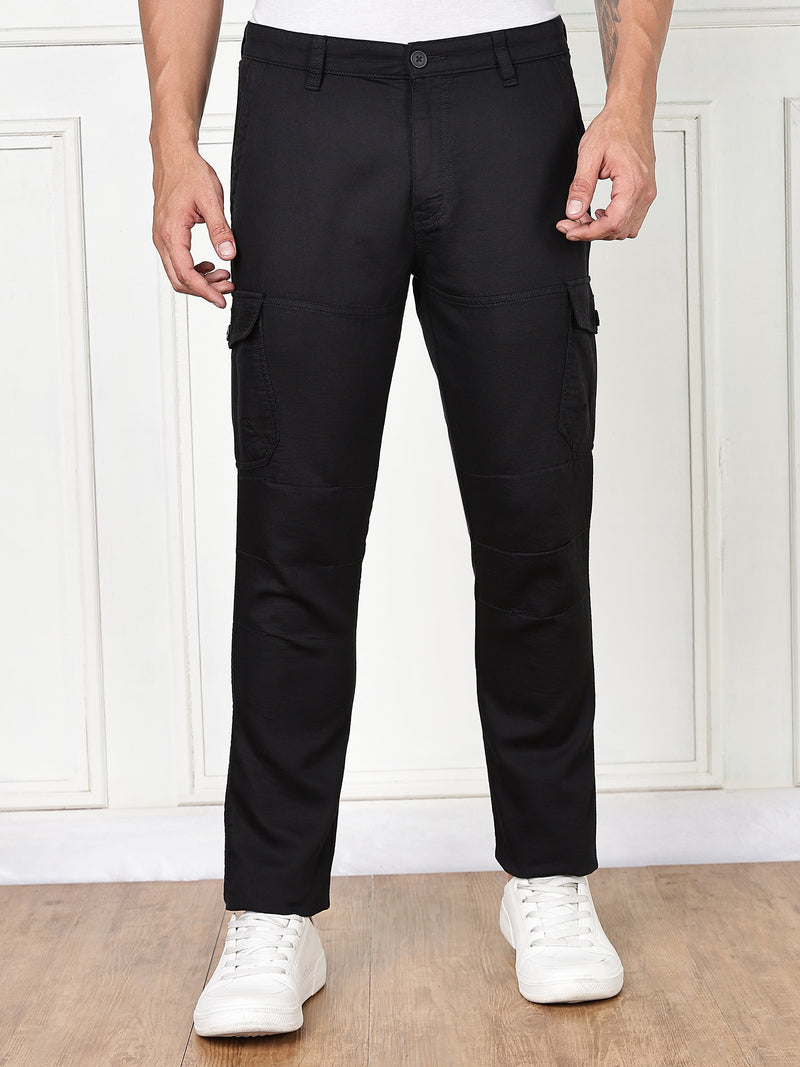 Thomas Scott Men Black Cricket Club Collection Straight Fit Woven Cargo Trousers