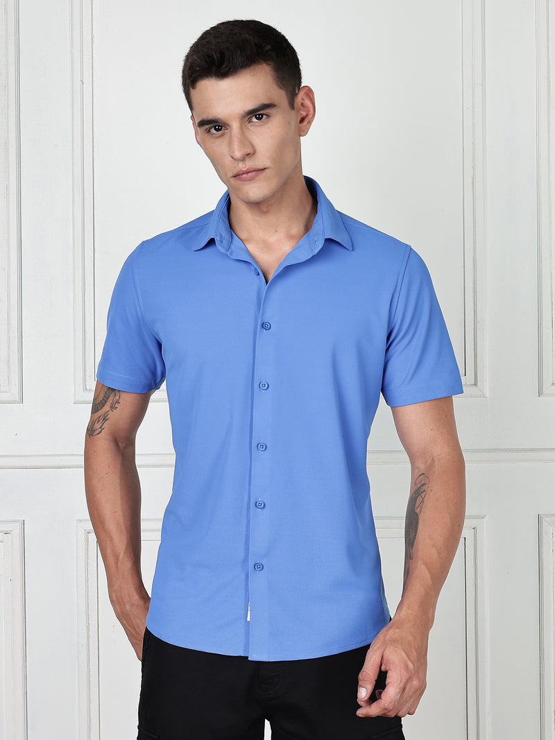 Thomas Scott Men SkyBlue Premium Slim Fit Short Sleeves Spread Collar 4 Way Stretch CoolMax Knitted Shirt