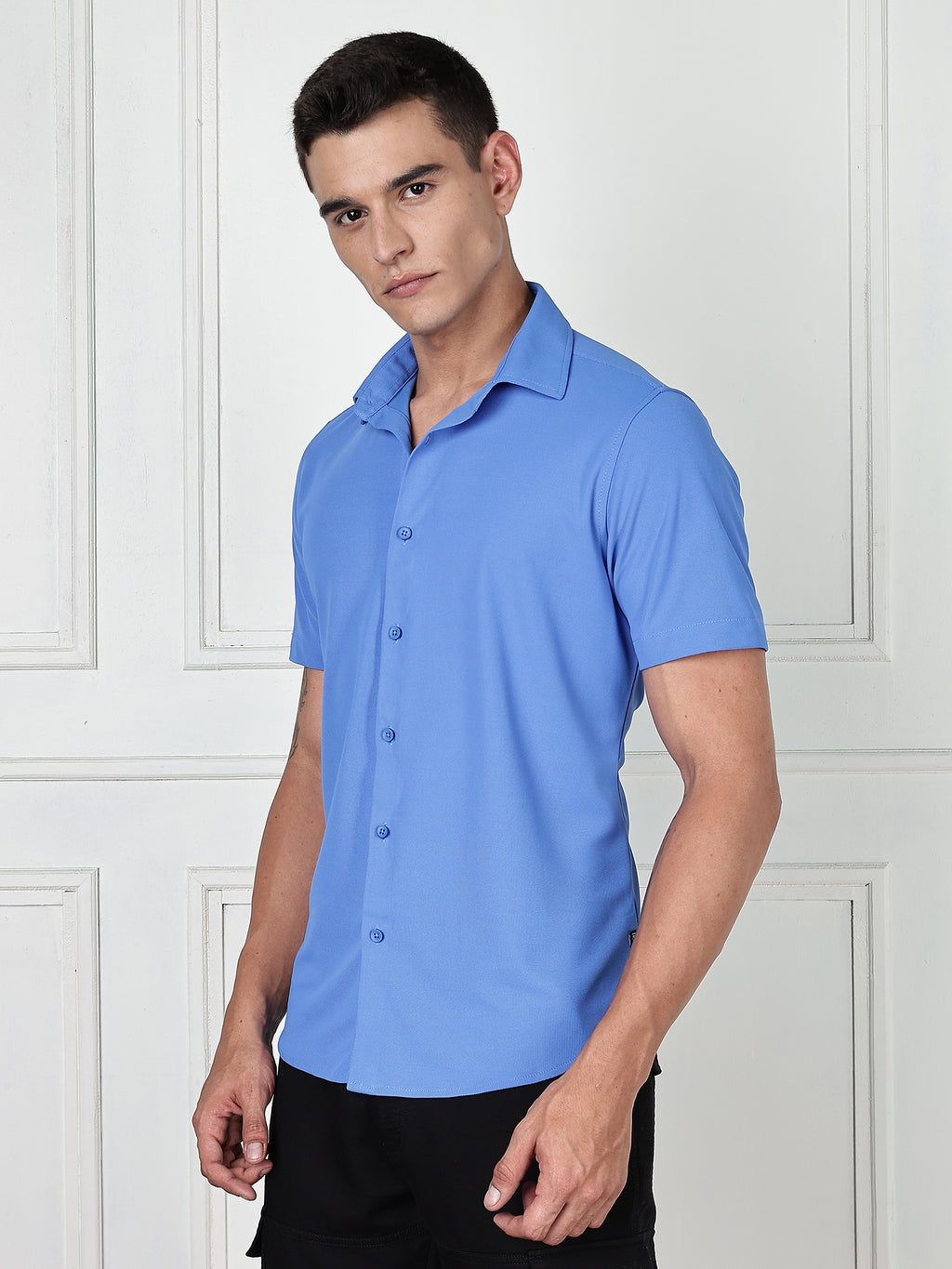 Thomas Scott Men SkyBlue Premium Slim Fit Short Sleeves Spread Collar 4 Way Stretch CoolMax Knitted Shirt