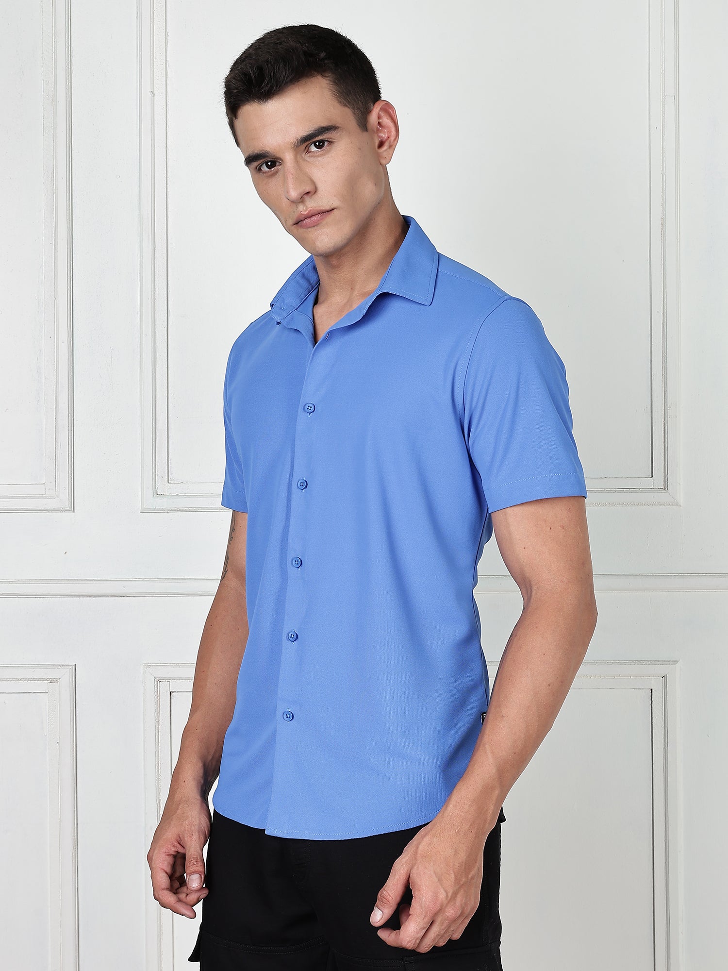 Thomas Scott Men SkyBlue Premium Slim Fit Short Sleeves Spread Collar 4 Way Stretch CoolMax Knitted Shirt