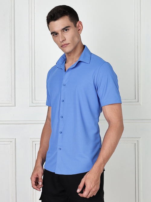 Thomas Scott Men SkyBlue Premium Slim Fit Short Sleeves Spread Collar 4 Way Stretch CoolMax Knitted Shirt