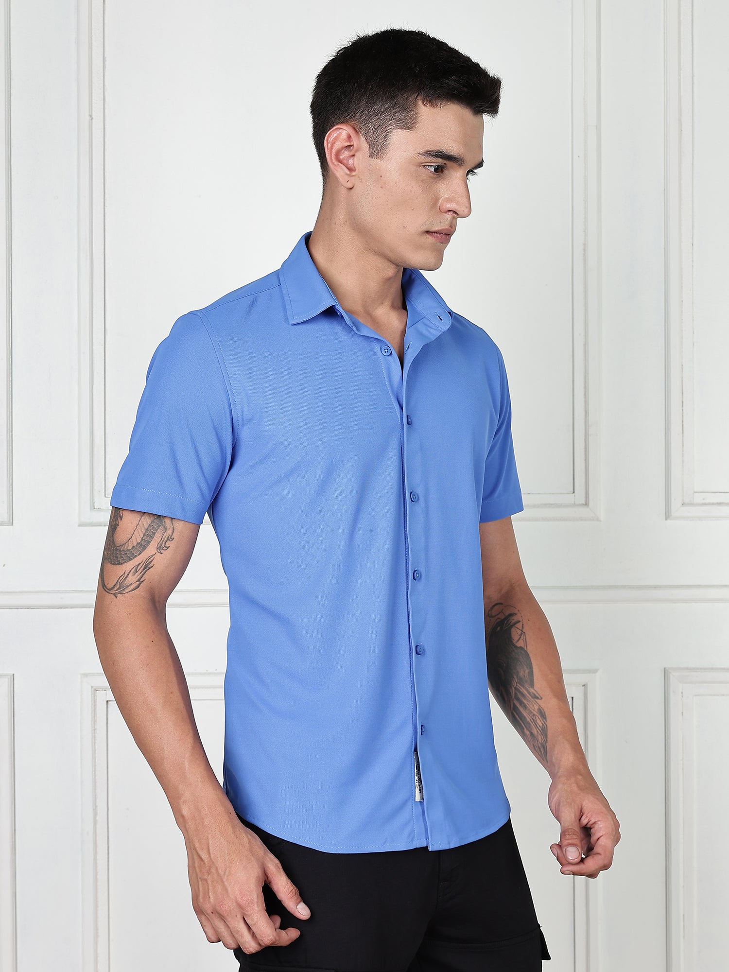 Thomas Scott Men SkyBlue Premium Slim Fit Short Sleeves Spread Collar 4 Way Stretch CoolMax Knitted Shirt