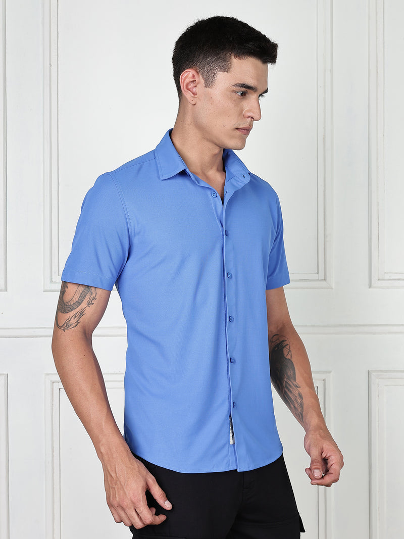 Thomas Scott Men SkyBlue Premium Slim Fit Short Sleeves Spread Collar 4 Way Stretch CoolMax Knitted Shirt