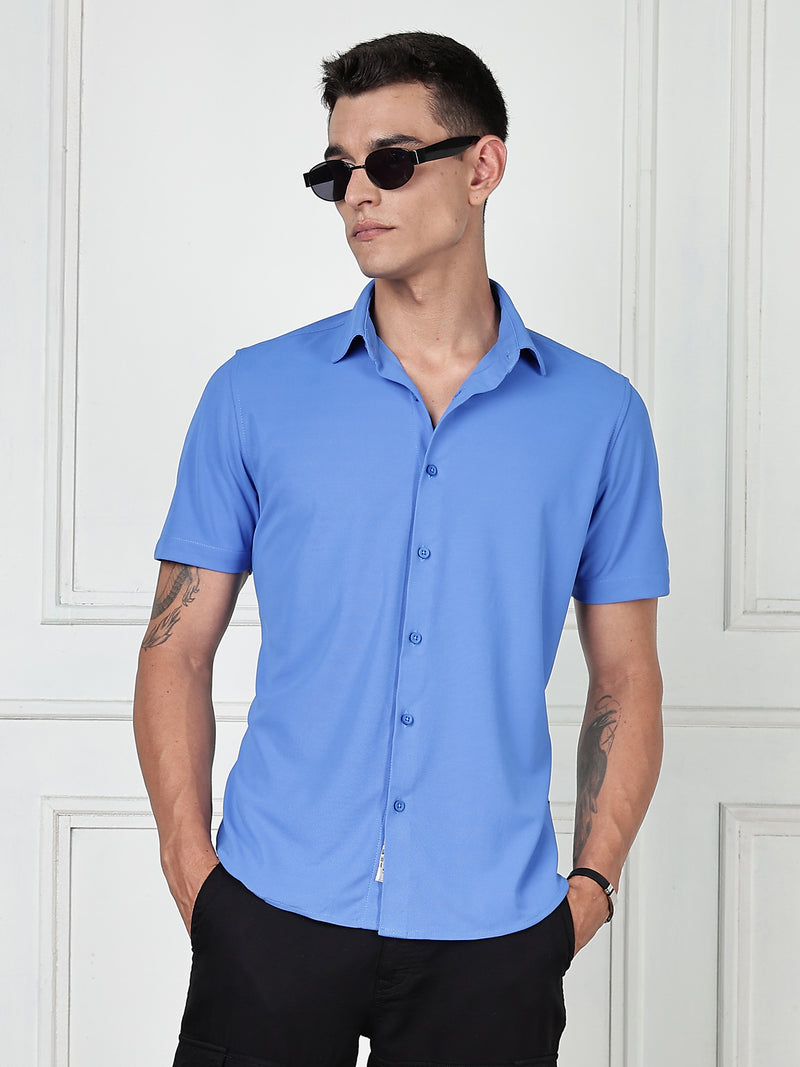 Thomas Scott Men SkyBlue Premium Slim Fit Short Sleeves Spread Collar 4 Way Stretch CoolMax Knitted Shirt