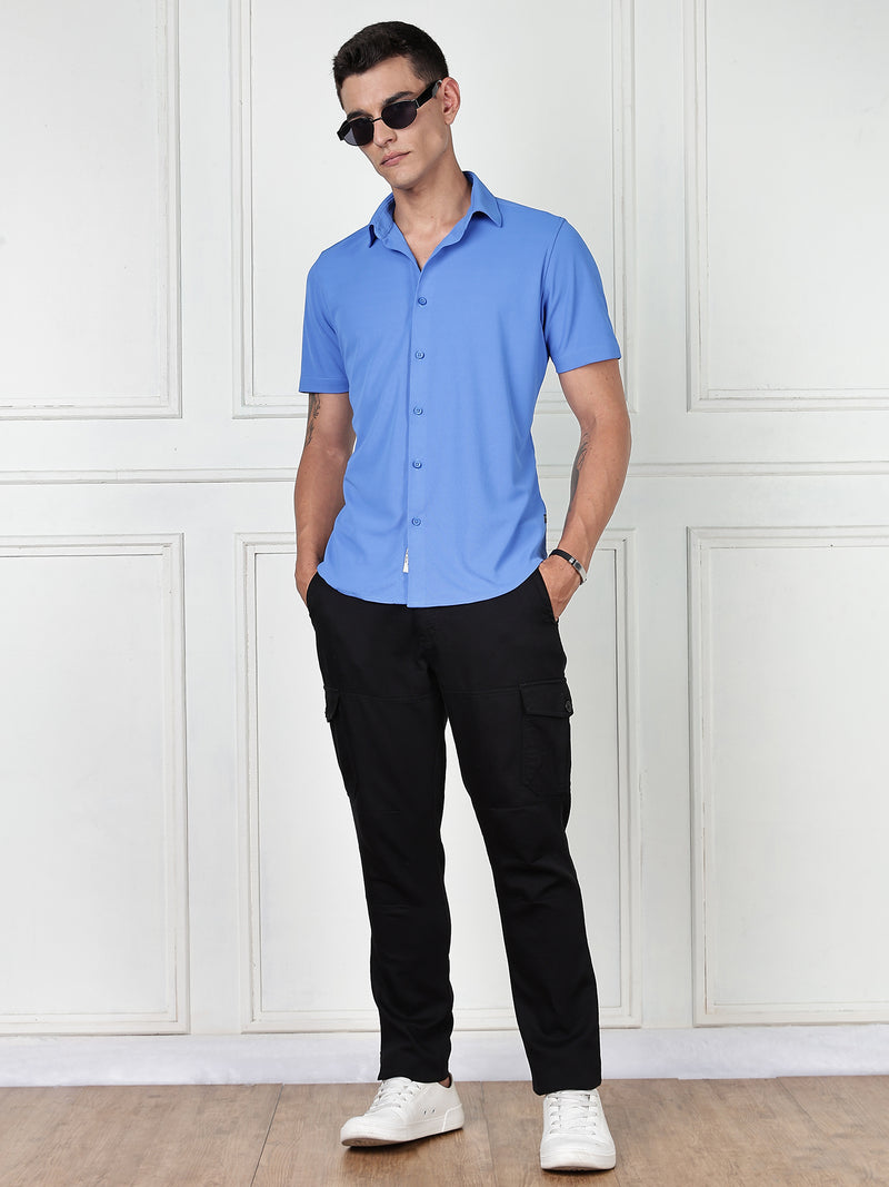 Thomas Scott Men SkyBlue Premium Slim Fit Short Sleeves Spread Collar 4 Way Stretch CoolMax Knitted Shirt