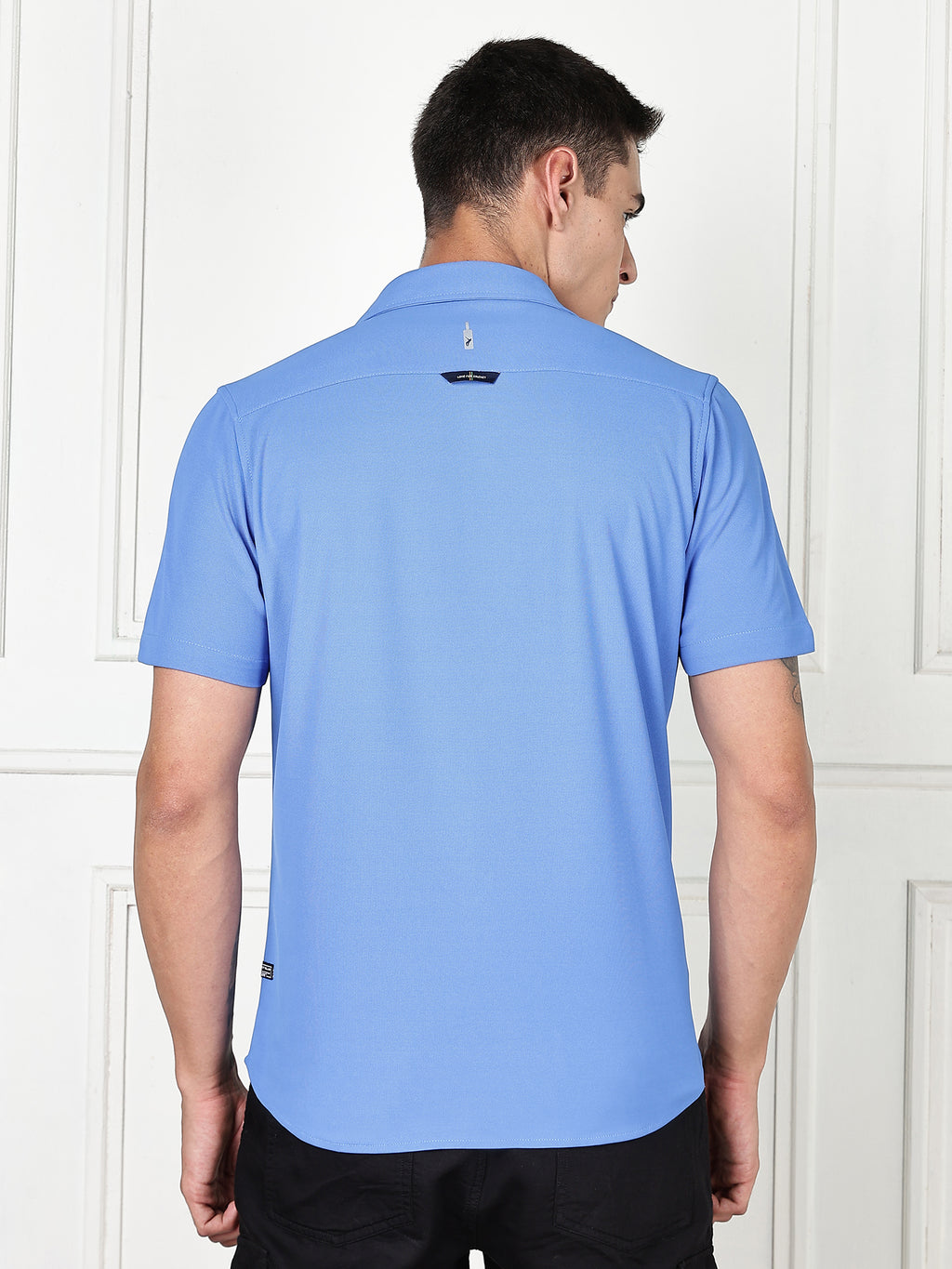 Thomas Scott Men SkyBlue Premium Slim Fit Short Sleeves Spread Collar 4 Way Stretch CoolMax Knitted Shirt