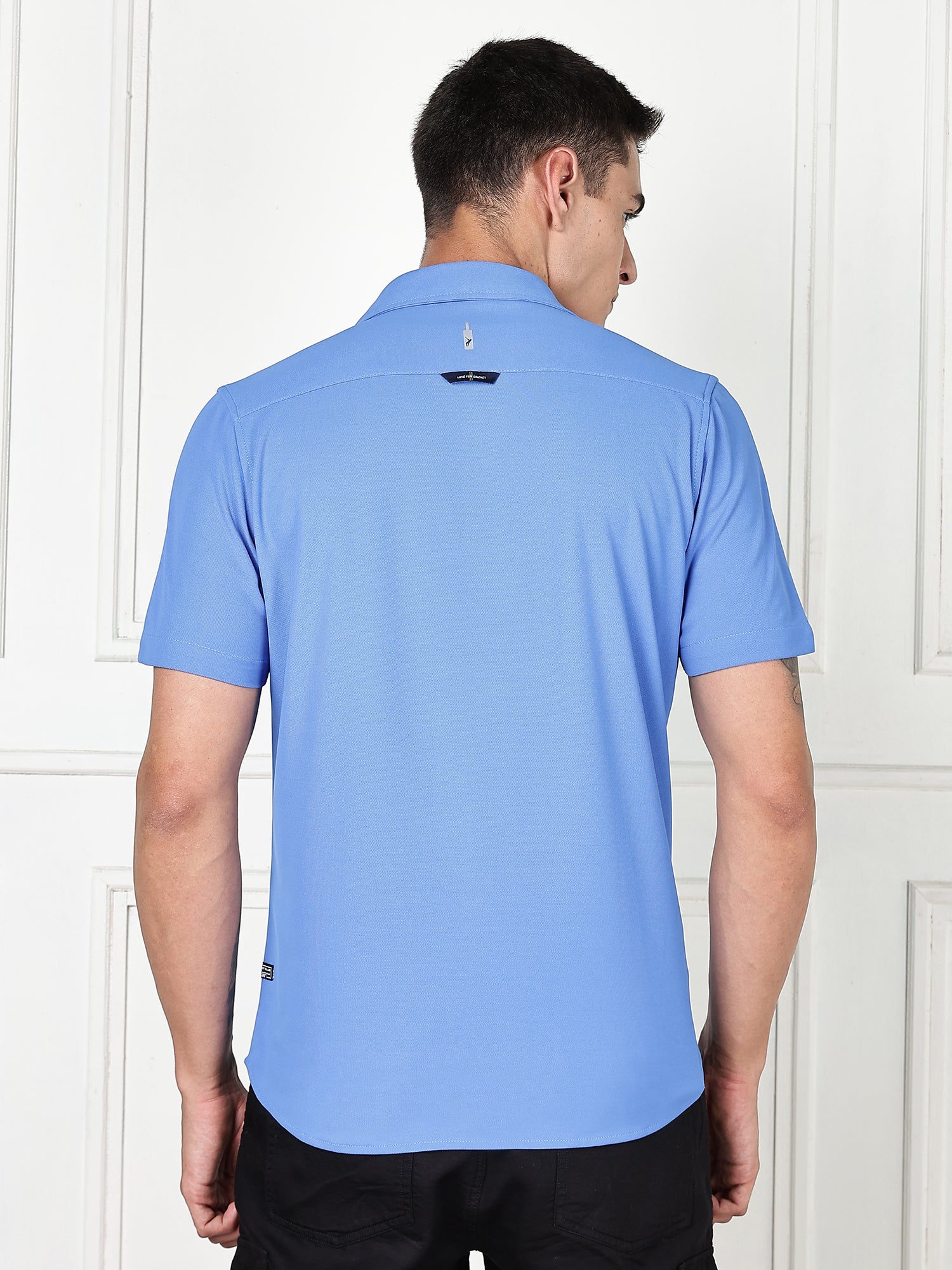 Thomas Scott Men SkyBlue Premium Slim Fit Short Sleeves Spread Collar 4 Way Stretch CoolMax Knitted Shirt