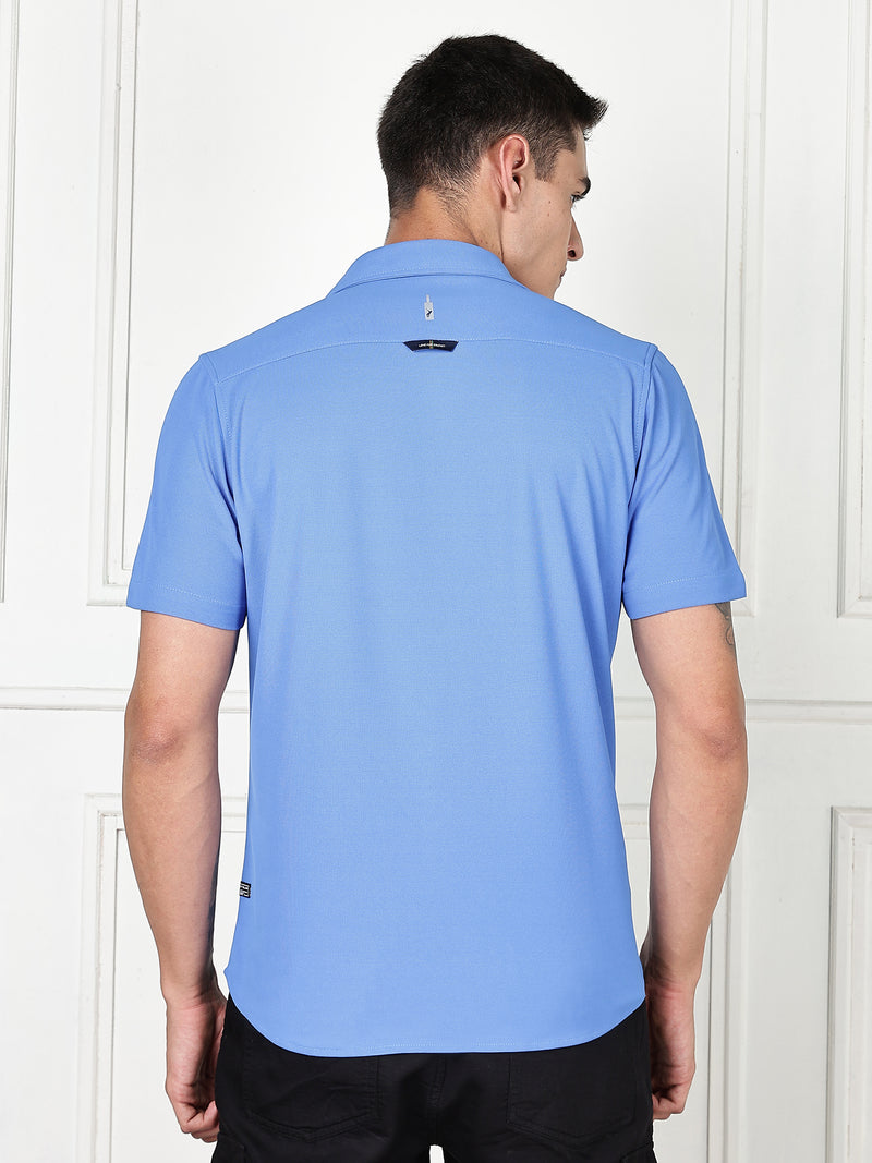 Thomas Scott Men SkyBlue Premium Slim Fit Short Sleeves Spread Collar 4 Way Stretch CoolMax Knitted Shirt