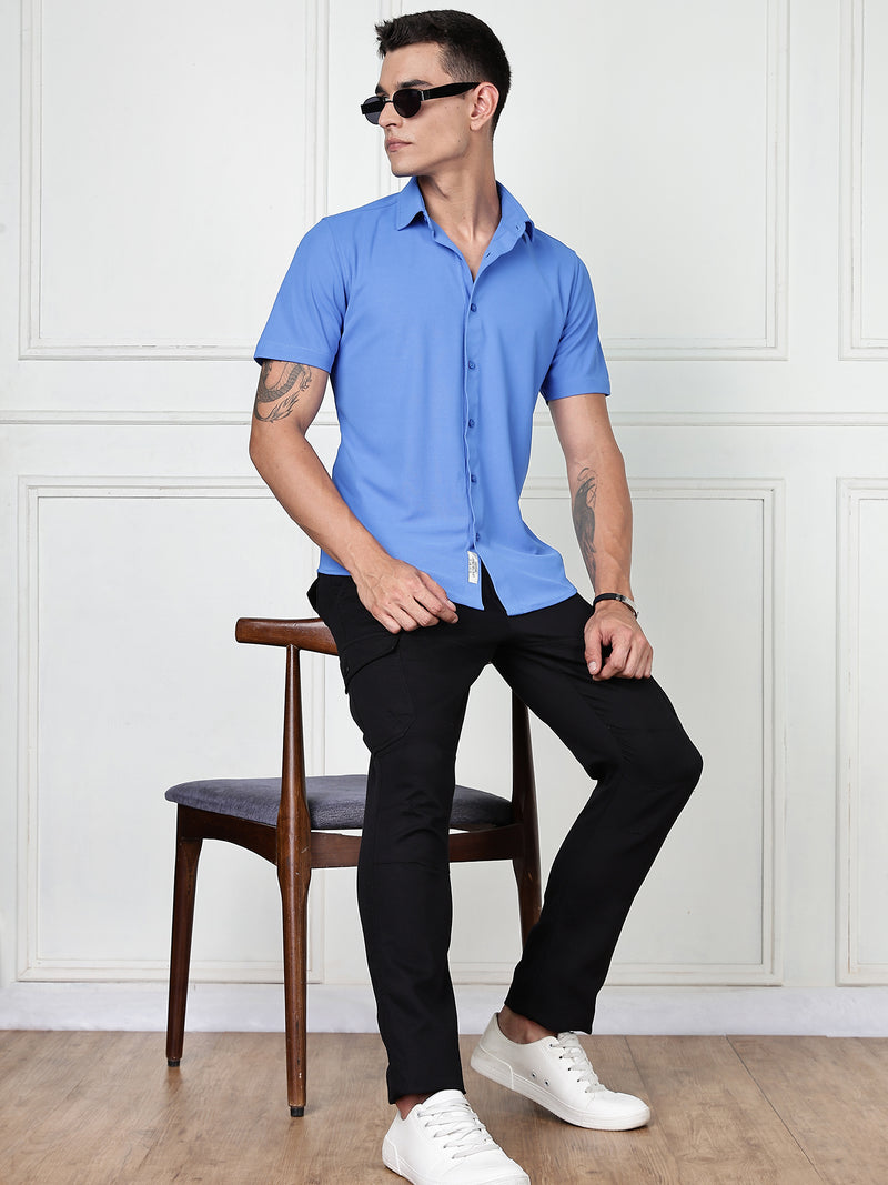 Thomas Scott Men SkyBlue Premium Slim Fit Short Sleeves Spread Collar 4 Way Stretch CoolMax Knitted Shirt