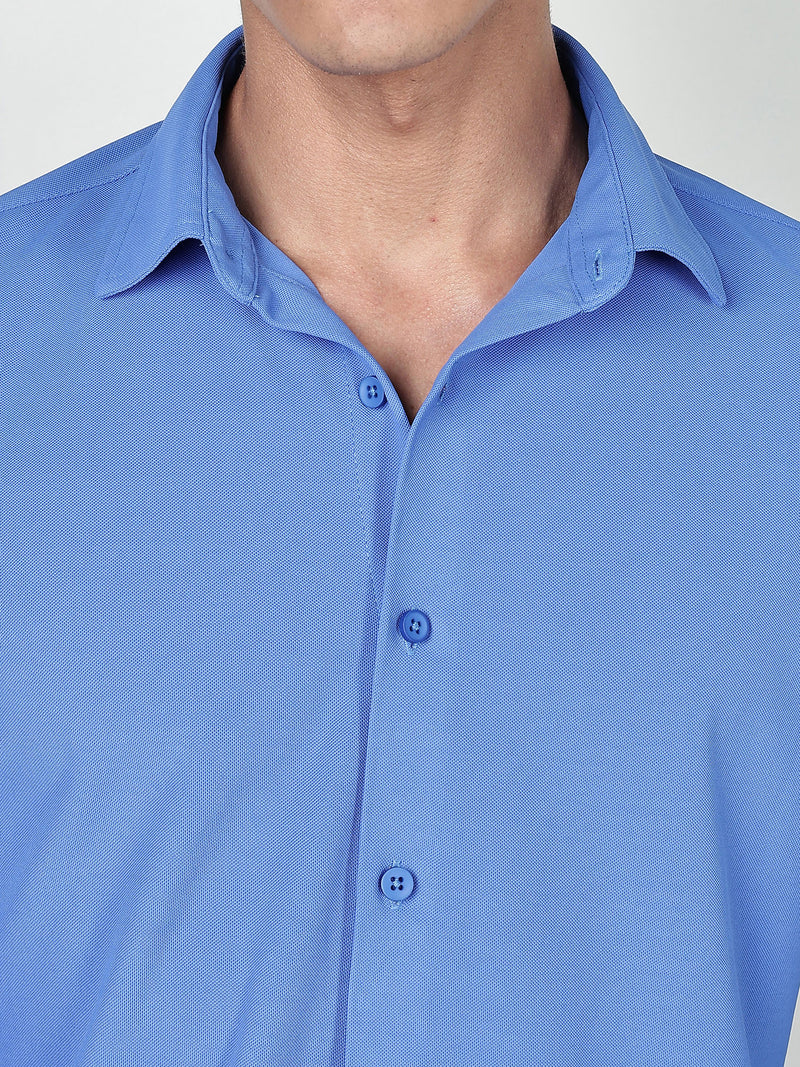 Thomas Scott Men SkyBlue Premium Slim Fit Short Sleeves Spread Collar 4 Way Stretch CoolMax Knitted Shirt