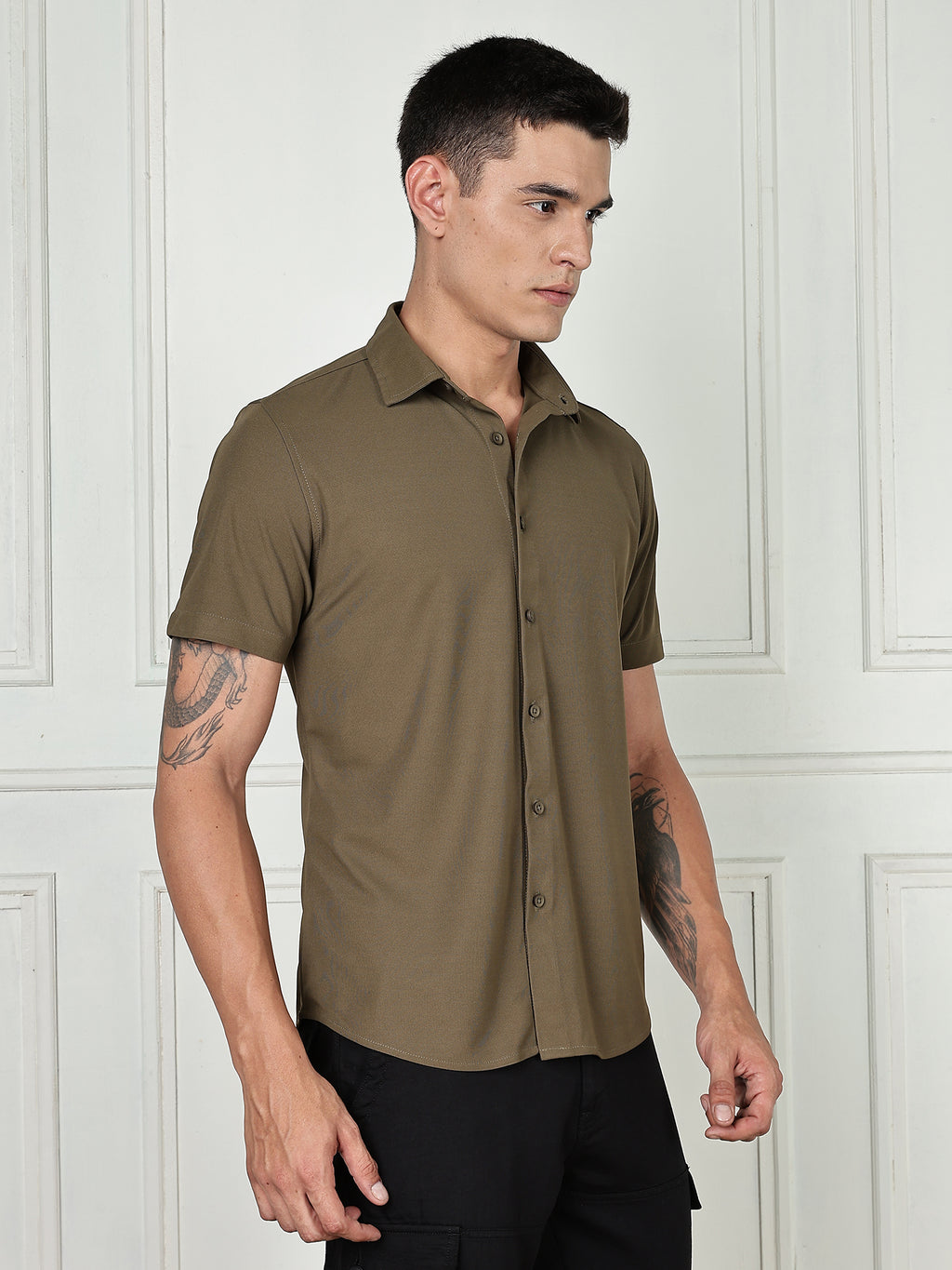 Thomas Scott Men Olive Premium Slim Fit Short Sleeves Spread Collar 4 Way Stretch CoolMax Knitted Shirt