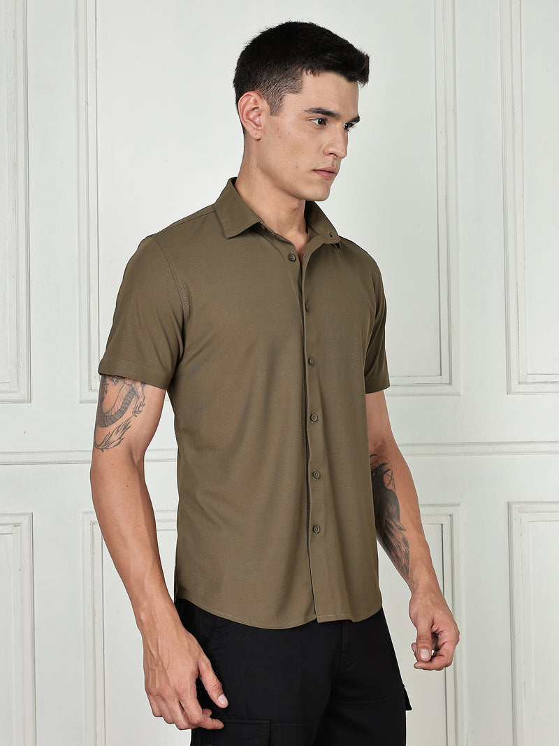 Thomas Scott Men Olive Premium Slim Fit Short Sleeves Spread Collar 4 Way Stretch CoolMax Knitted Shirt