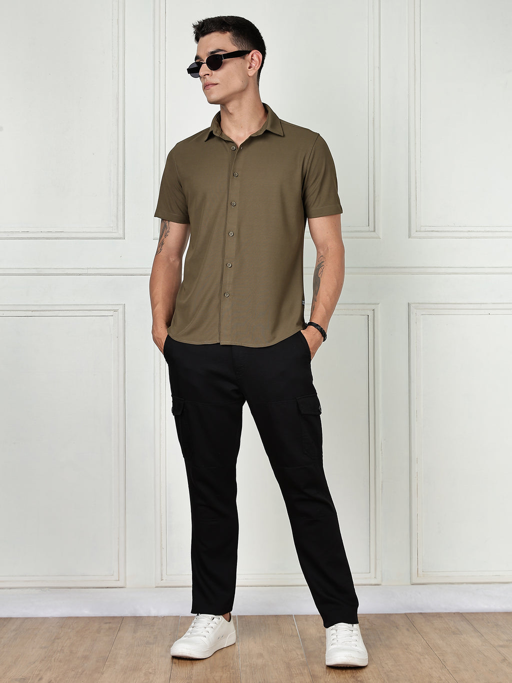 Thomas Scott Men Olive Premium Slim Fit Short Sleeves Spread Collar 4 Way Stretch CoolMax Knitted Shirt